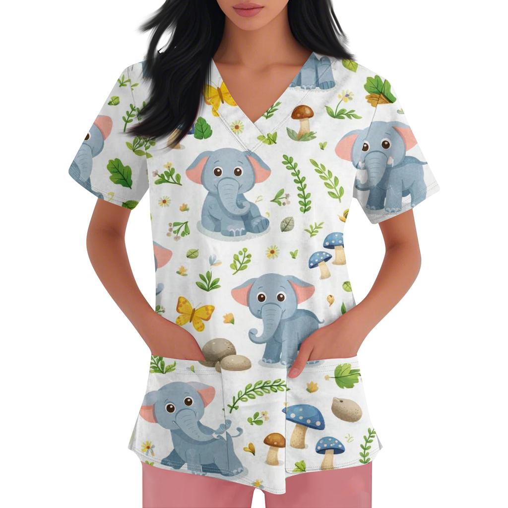 Women's Casual Short-Sleeve Cute Animal Print V-Neck Pocket Workwear Top