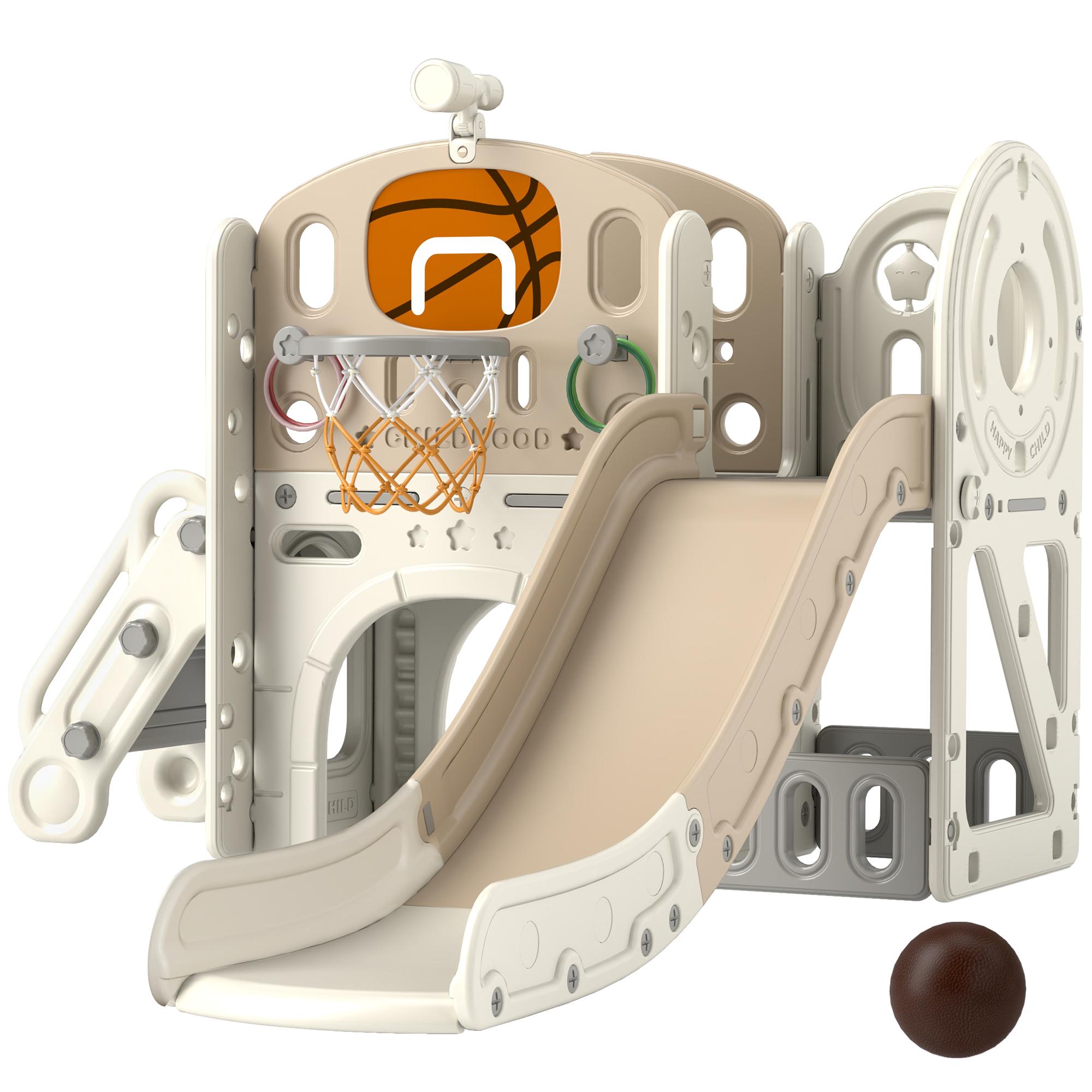 Aire de jeux pour enfants 7 en 1 Toboggan Aire de jeux intérieure Avec espace de rangement et tunnel à ramper 186x153x111 cm Blanc crème
