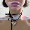 Goth Wax Rope Big Heart Pendant Choker Necklace for Women Elegant Weave Knotted Bowknot Drawing Adjustable Chain Jewelry