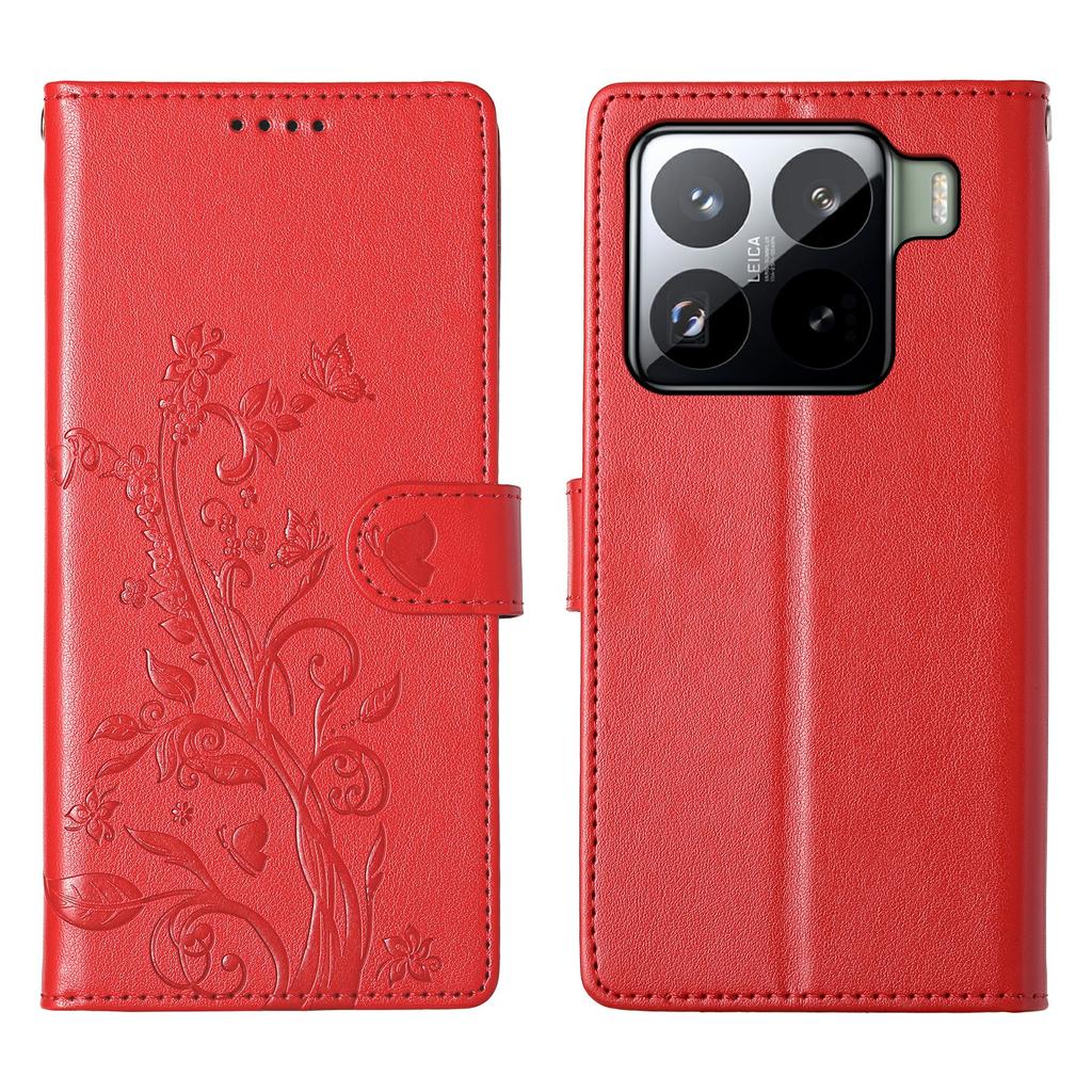 For Xiaomi 15 Pro Wallet Case Butterfly Floral Imprint PU Leather Phone Cover with Wrist Strap