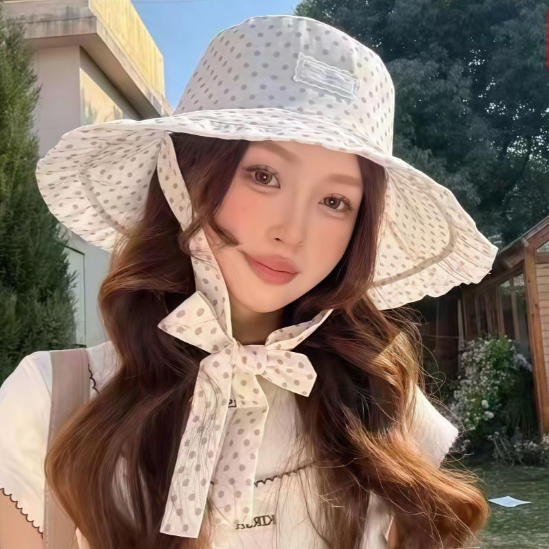 Cute Polka Dot Bucket Hat Wide Ruffled Brim Uv Protection Summer Beach Travel Outdoor Use