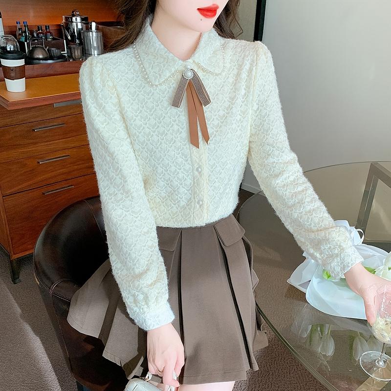 Noua 2024, la modă, iarnă, cu mânecă lungă, cu fundă, cu margele, guler răsturnat, bluză din dantelă, cămașă pentru femei, bluze, cămăși J802