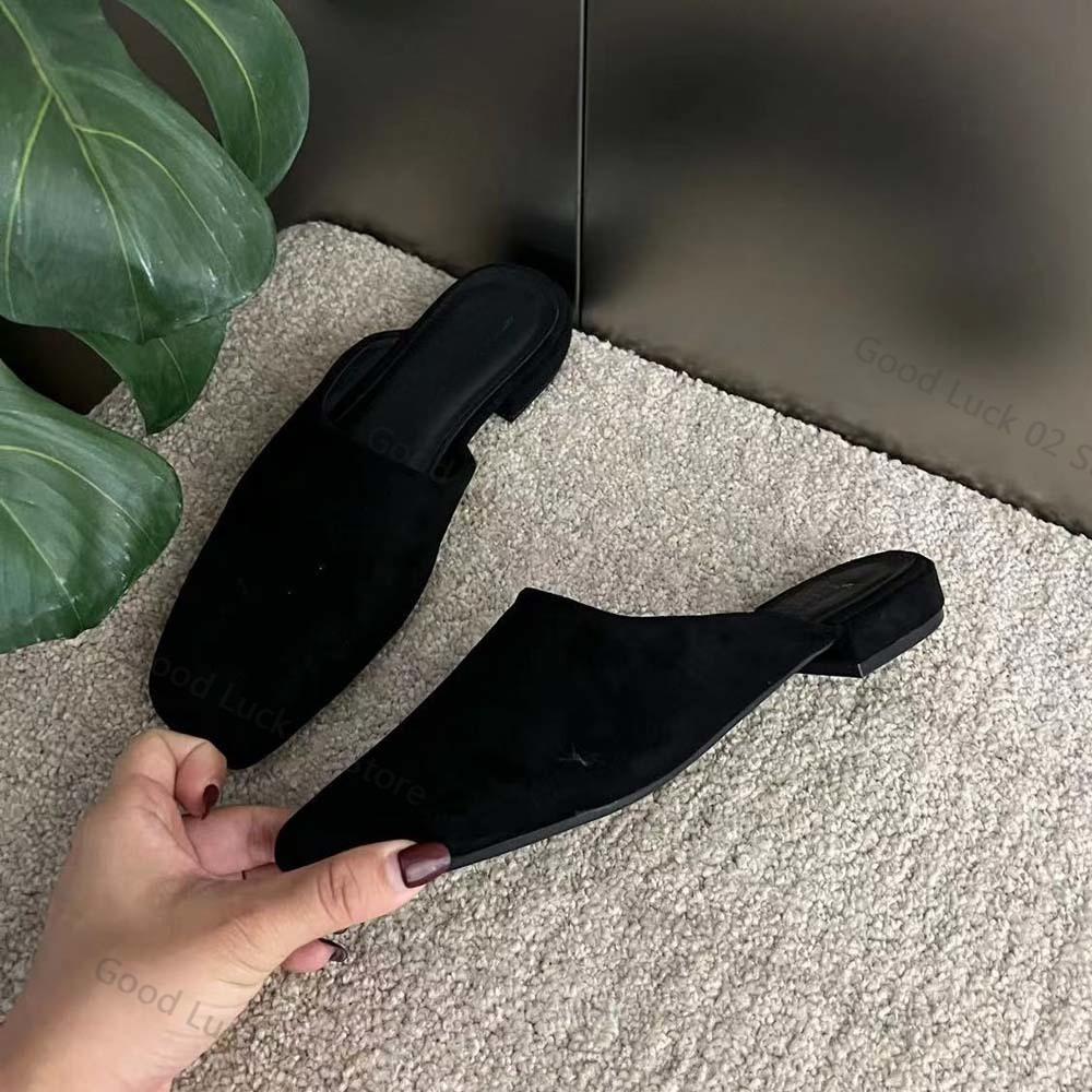 Fashion 2025 New Summer Suede Low Heels Slippers Women Square Toe Leather Casual Slippers Female Daily Walk Slippers Mules Sandals