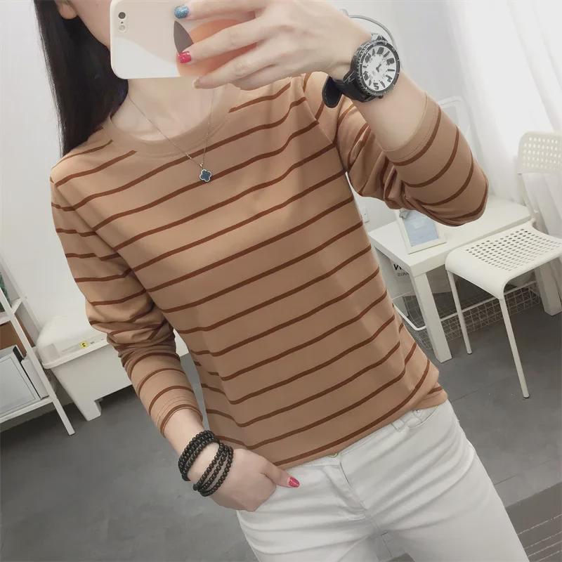 Women's Long-Sleeve Striped Cotton Top - Loose Fit, Belly-Covering, Ideal for Spring and Autumn Layering