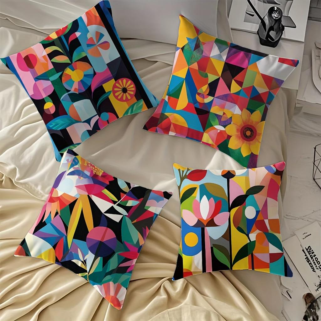 4pcs Linen Pillow Covers 45x45cm Abstract Geometric Floral Cushion Cases for Sofa Bed Decor Zipper Closure Modern Art Home