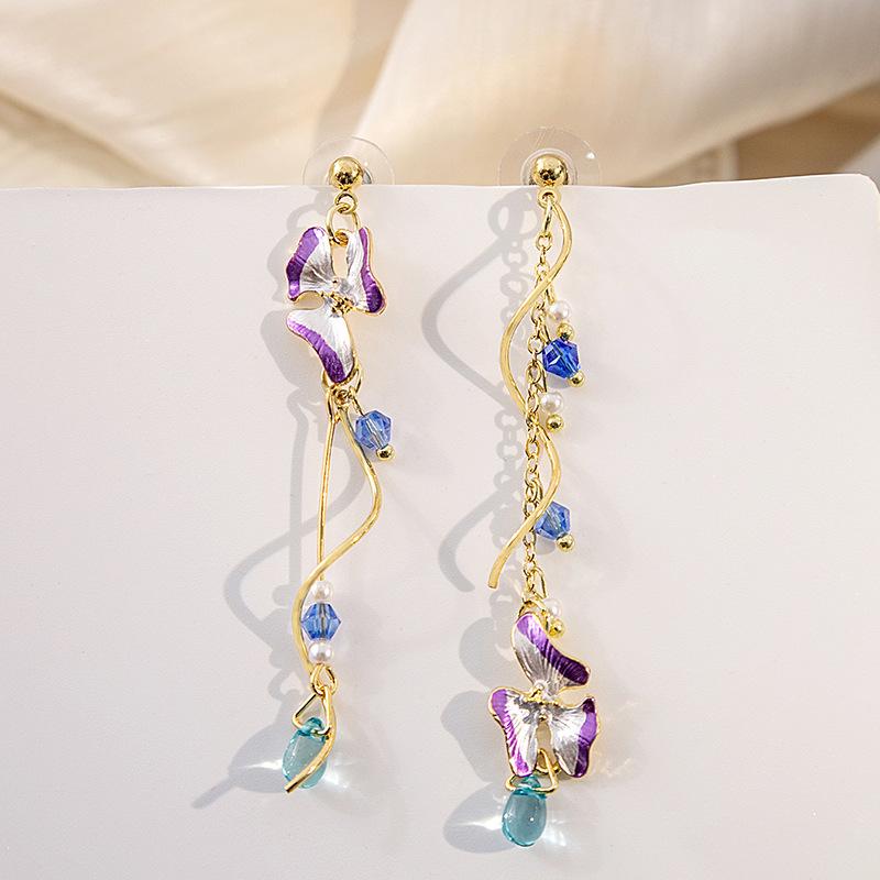 Милые Асимметричные Цветочные Серьги на Длинной Цепочке, Серьги Геометрической Формы Капля Воды с Нежным Характером, Жемчужные Серьги