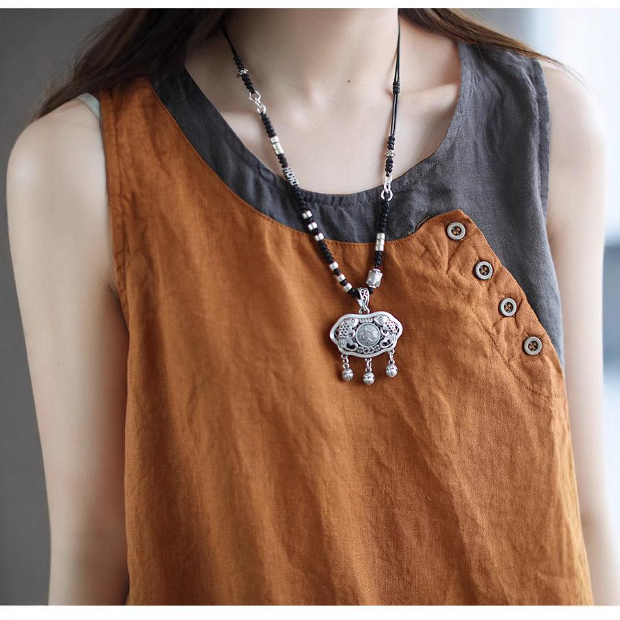 Literarische Baumwolle und Leinen Sommer Lockerer Trägerpullover Damen Dünne Asymmetrische Bluse Knopfdekoration Nähte