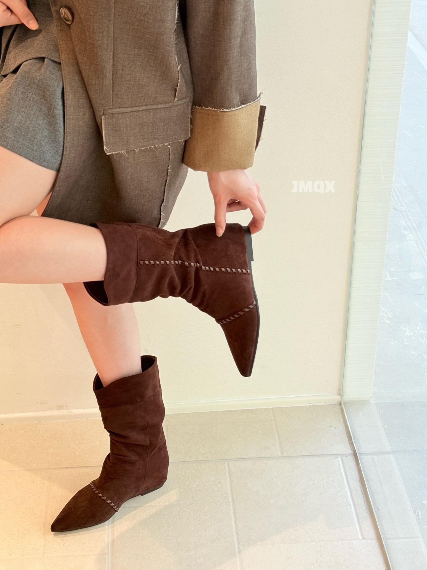 

Martin boots women s 2025 autumn new wasteland lace pointed thick heel thin pile boots western cowboy short boots 35