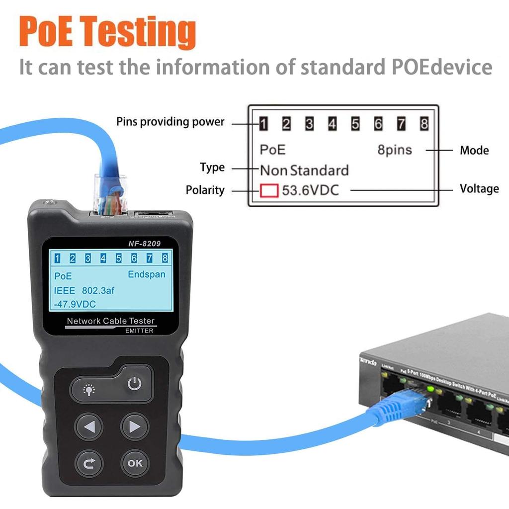 Network Cable Tester, Ethernet Wire Tracer with NCV & Lamp for CAT5 CAT6, PoE Tester Detect Voltage Measure Fault Distance by TDR NF-8209