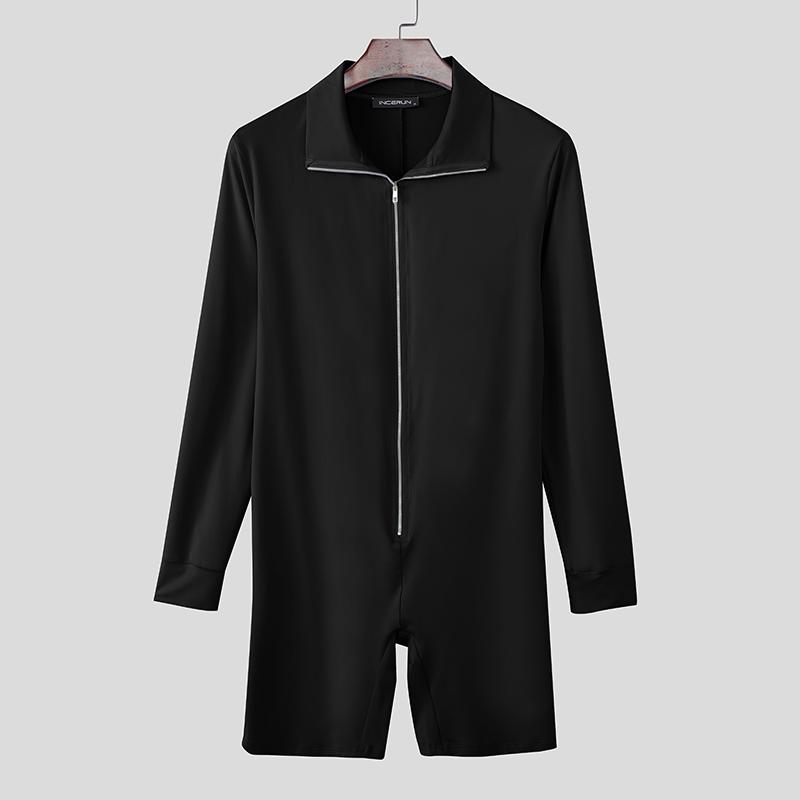 INCERUN Men High Neck Long Sleeve Zip-up Rib Jumpsuits Rompers Underwear
