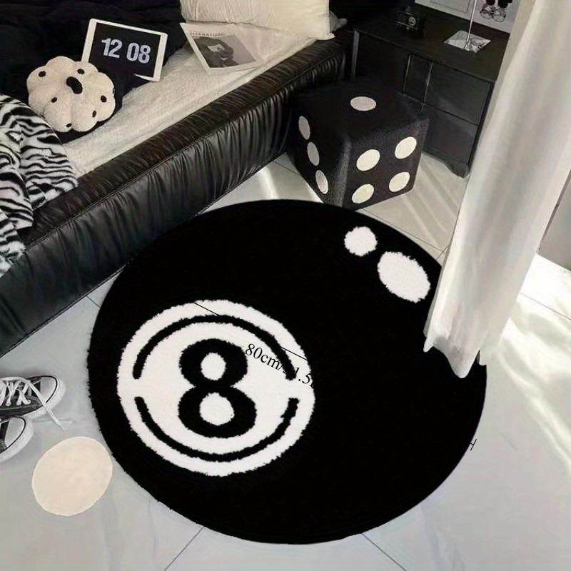 1 Stück/Set Schwarzer Beflockter Fleece Runder Teppich mit 8-Ball Billard Druck, Beflockter Plüschteppich für Wohnzimmer Schlafzimmer Bodenmatte