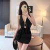 Elegant Deep V-Neck Halter Dress with Pleated, Hollow-Out Details and Open Back.