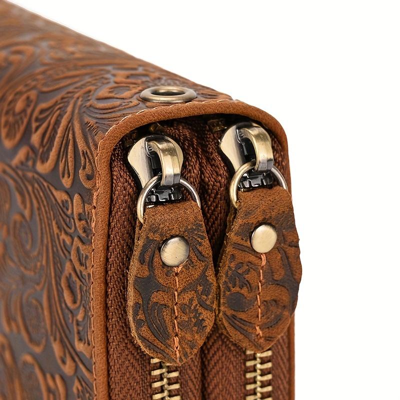 Vintage Herren Echtleder Lange Brieftasche Geprägte Blume Doppel-Reißverschluss Clutch Kartenhalter Brieftasche