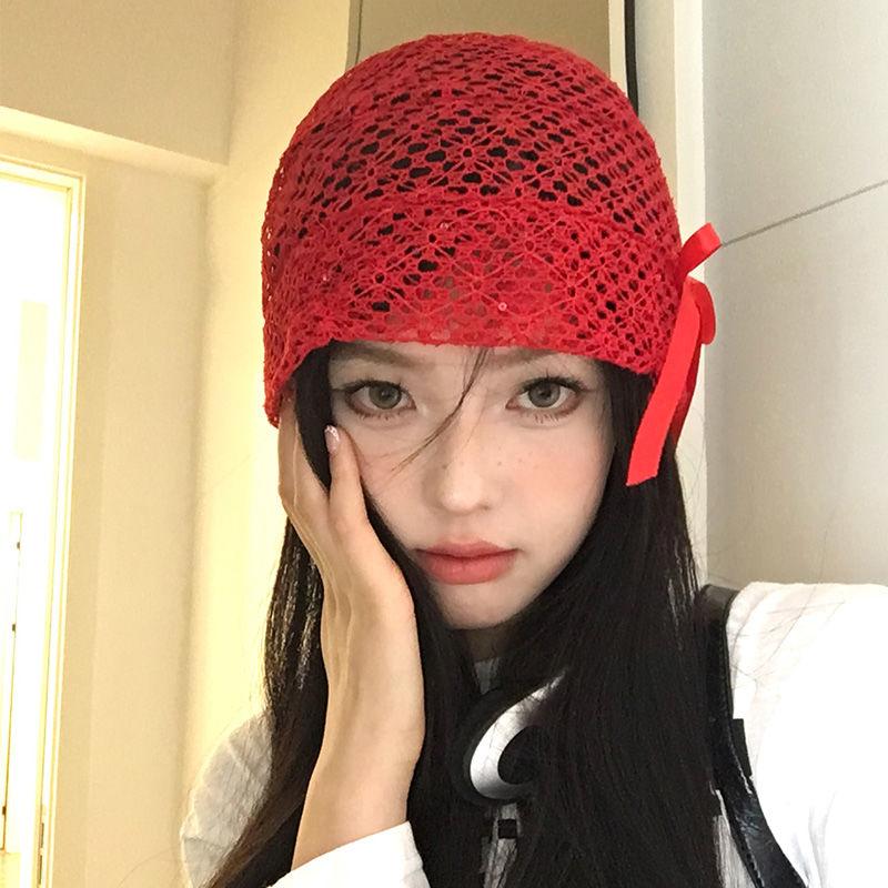 

Женская нишевая кружевная ажурная шапка-бини с бантом, Y2K, стильная повязка на голову, шапка, тонкая, для похудения лица One Size
