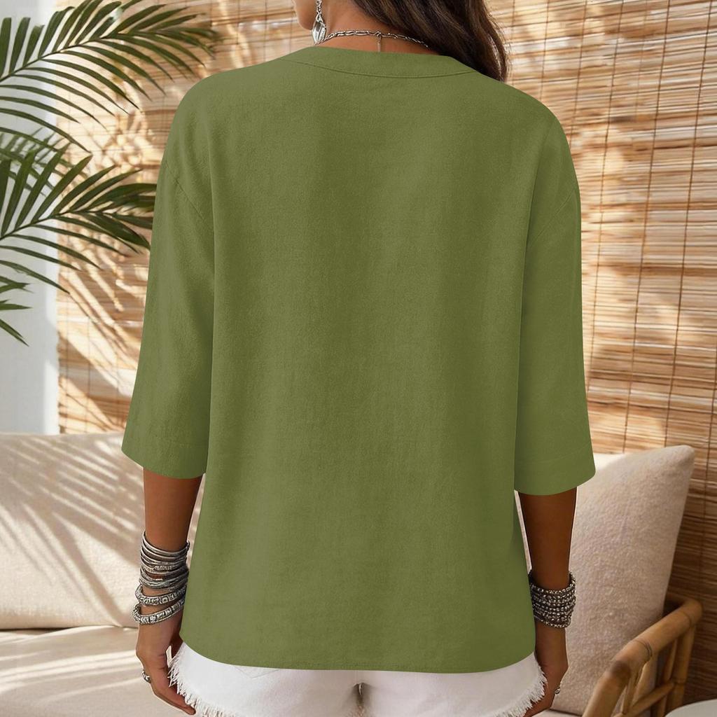 Women’s Casual V Neck Button Front Three Quarter Sleeve Cotton Linen Relaxed Fit Blouse Top for Daily Wear
