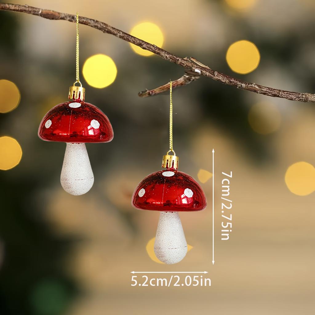 4pcs/6pcs Christmas Mushroom Hanging Decorations Red White Glossy Plastic Mushroom Ornaments with Black Dot Design, Golden Loops for Christmas Tree,