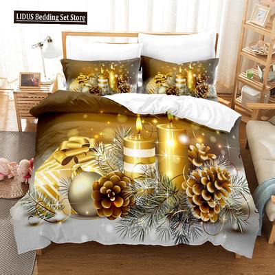 Weihnachts-Bettbezug-Set Kerze Tannenzapfen Geschenk Fest gefeiert Frohe Weihnachten King Queen Für Teenager Polyester Bettwäsche-Set