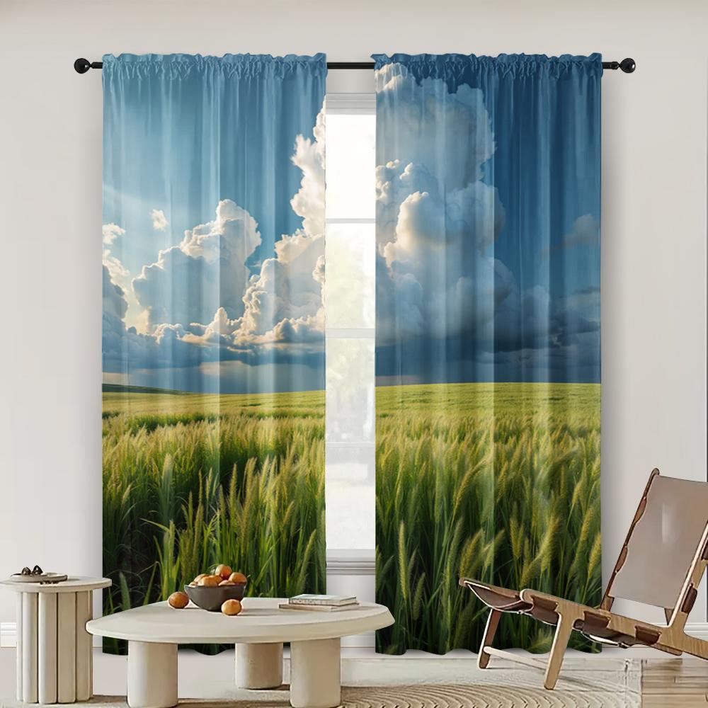 2pc, Curtain A History of Clear Grasslands and Heavy Rain Clouds1 Machine Washable Polyester,Without Electricity Versatile Use