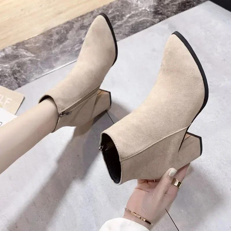 Women High Heels Fashion Short Boots Fashion Pointed Toe Shoes Autumn Winter New Ladies Elegant Suede Thick Heel Short Booties