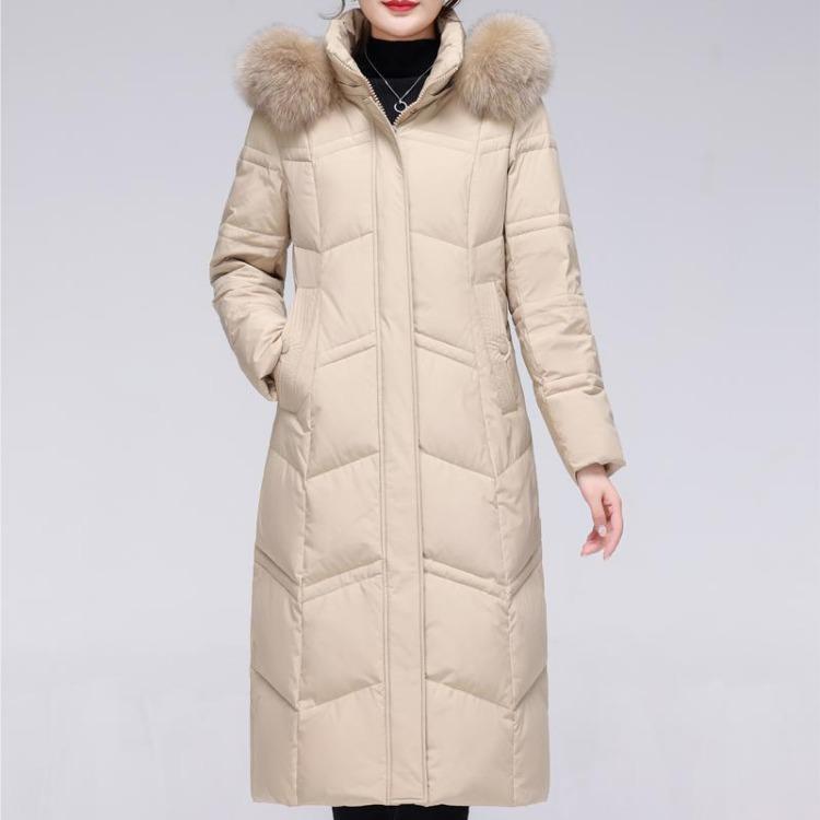 

Винтажные зимние пуховики для женщин больших размеров с воротником из натурального меха, с капюшоном, толстые и теплые, куртка из пуха белой утки, элегантная длинная верхняя одежда 4XL хаки