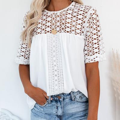 2023 Lace Stitching Women White Blouse Loose Elegant Casual Hollow Out Simple Shirt Short Sleeve Summer O Neck Ladies Tops 28438