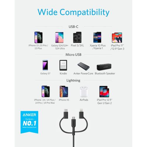 Anker PowerLine II 3-in-1 Kabel (Lightning-/USB-C-/Micro-USB-Anschluss) MFi-zertifiziert, iPhone-/Android-kompatibel (0,9 m Schwarz)