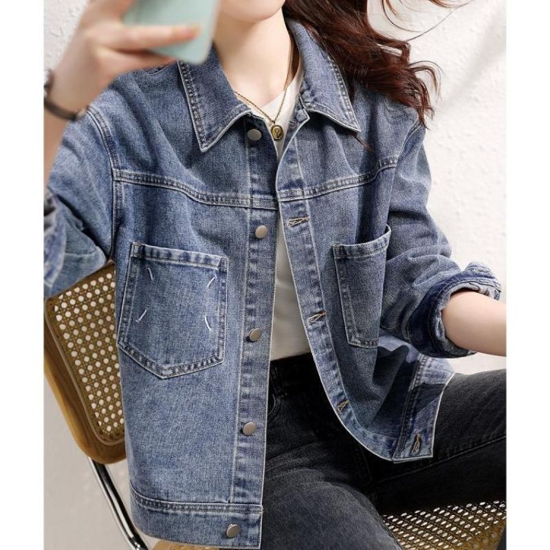 Denim Jacket Women's Short Spring and Autumn Retro Temperament Loose and Thin Versatile Jacket Cardigan Top Blue Drop Shoulder Denim Coat