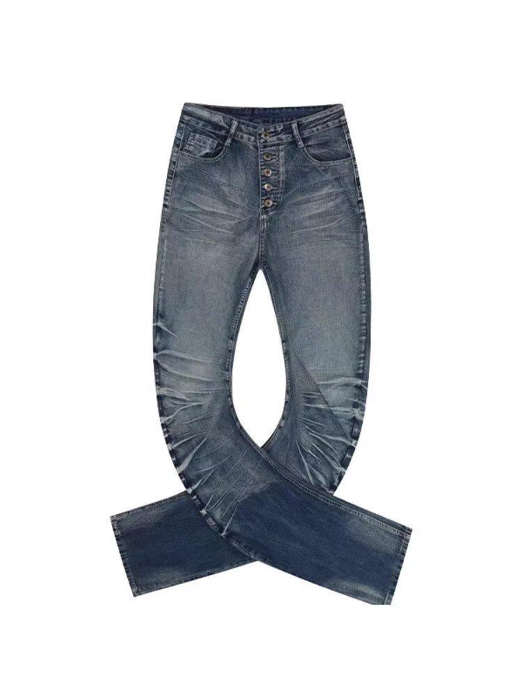 Men s American Retro Washed Micro-Flare Jeans: Button-Up, Pleated, Slimming Straight-Leg Pants XXXL