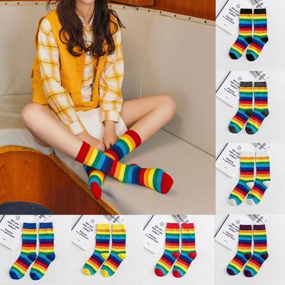 Women's Fashion Rainbow Striped Pile Of Socks In The Tube Casual Cotton Socks