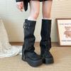 Fashion Retro Wide Tube Boot Women's Personality Small Size Long Boot Thick Bottom Heightening Fat MM Knight Boot PU Material Round Toe
