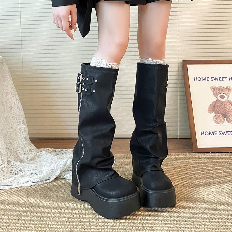 Fashion Retro Wide Tube Boot Women's Personality Small Size Long Boot Thick Bottom Heightening Fat MM Knight Boot PU Material Round Toe