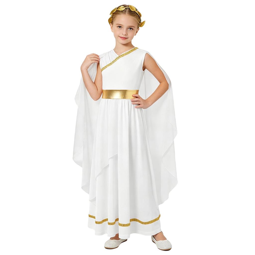 Girls Halloween Ancient Greek Costume Sleeveless Shawl Patchwork Flowy Tulle Dress Head Wreath Headwear