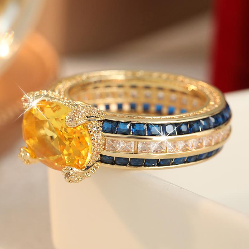 Exquisite Inlaid White Blue Champagne CZ Women's Ring Trendy Gold Color Geometry Daily Wear Party Jewelry Anniversary Gift