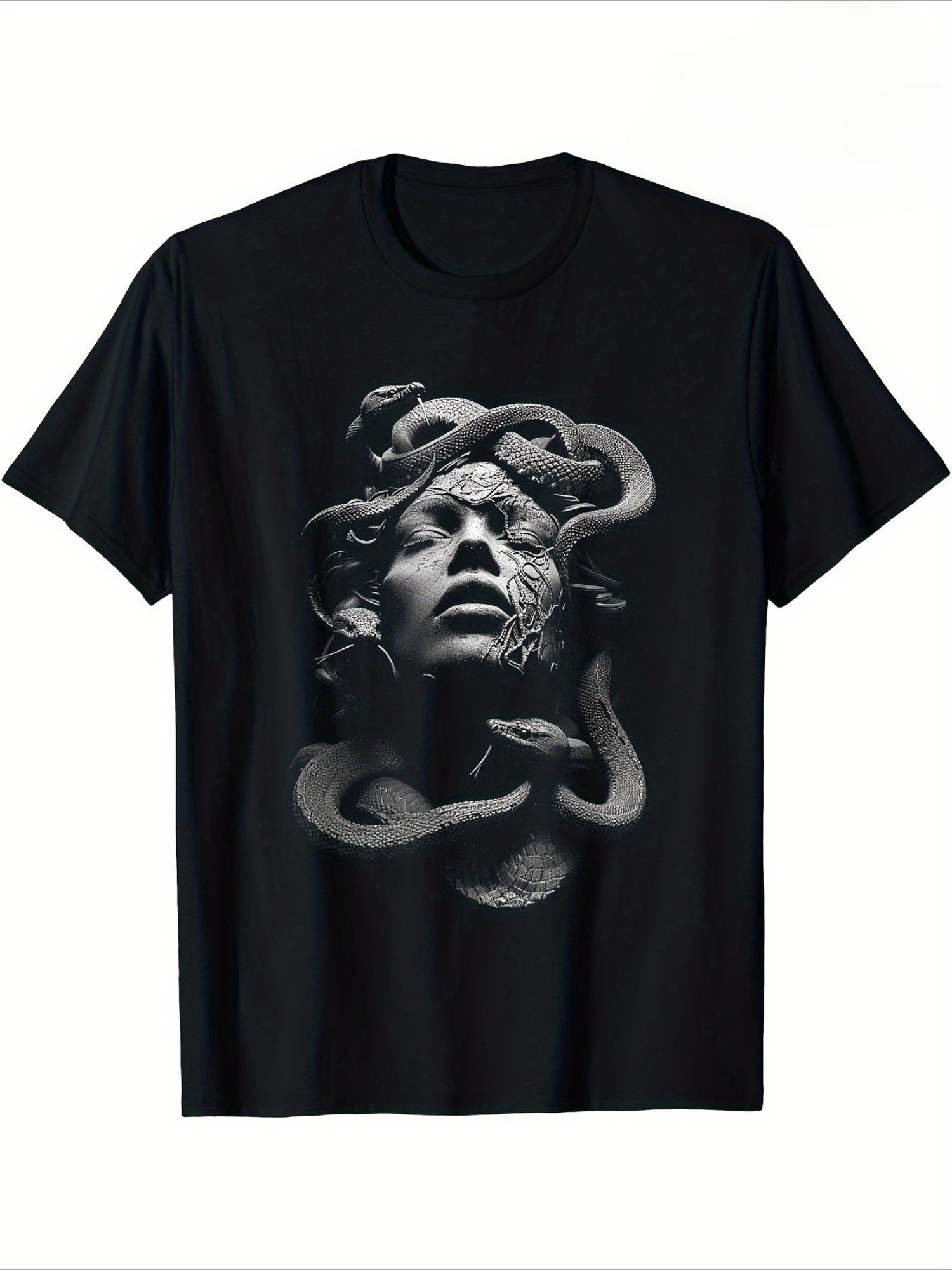 

Medusa & Snake Print T-shirt - Heavy Metal Goth Streetwear Top with A Glossy Black and White Medusa Head and Snake Print - Me... S разноцветный