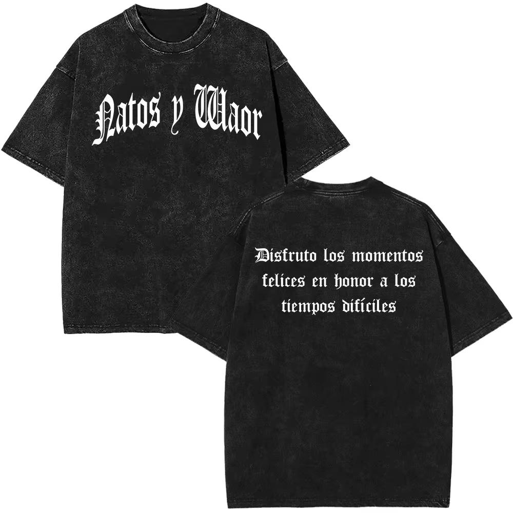Natos & Waor Vintage Washed Graphic T‑Shirt Unisex Cotton Crew Neck Short Sleeve Double Sided Print Tees for Hip Hop Rap Fans Men Women