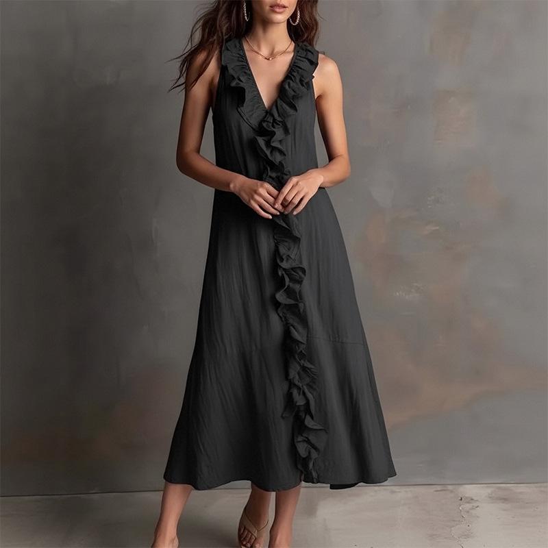 Spot women's clothing spring and summer new solid color sleeveless cotton and linen V-neck large pendulum ruffle edge dress