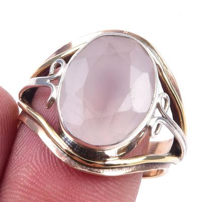 Pietra preziosa naturale Quarzo rosa Argento sterling 925 Bicolore Anello regalo S.7.5 t6S56