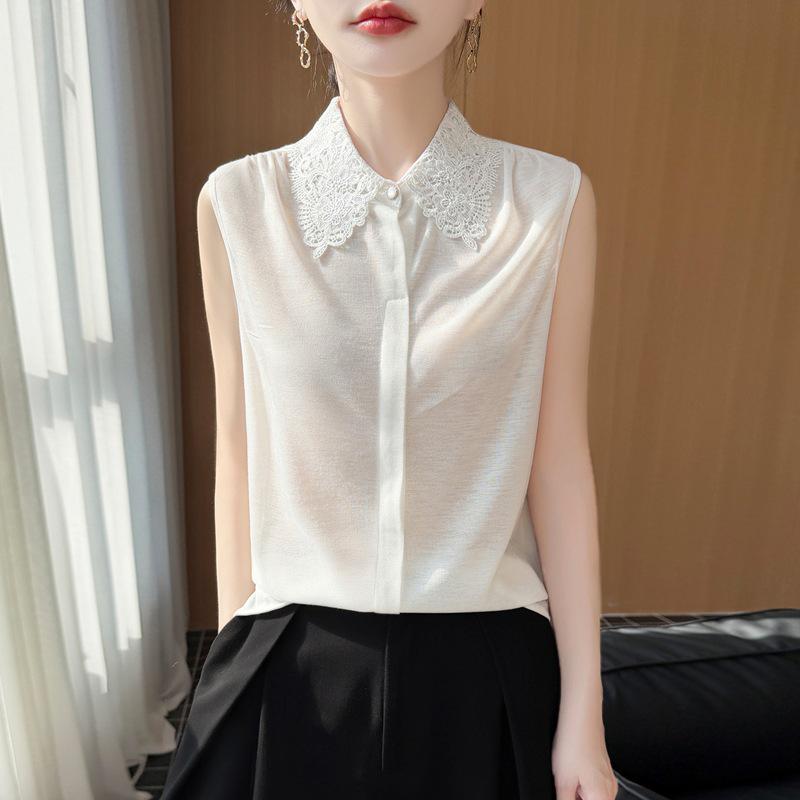 2026 Spring/Summer Sleeveless Crochet Lace Knit Polo Top L