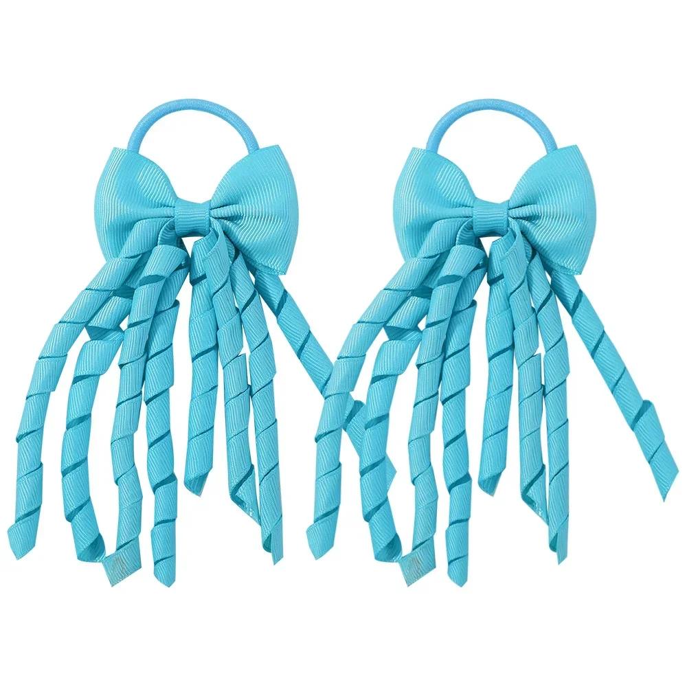 RAINBOW BOWS Grosgrain Ribbon Long Hair Ties Bows for Baby Girls Curly Hair Bows Elastic Colorful Kids Hair Band 2Pcs/lot Whole