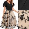 Women’s Midi Swing Dresses Short Sleeves V-neck Slim Fit A Line Dress Butterfly Floral Mesh Embroidered Skirts Spring Summer Casual Wear