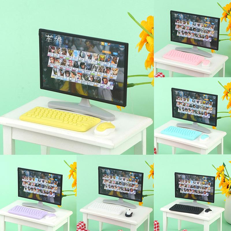 3Pcs/Set 1:12 Dollhouse Miniature Desktop Computer Keyboard Mouse Tv Model Home Decor Toy Doll House Accessories