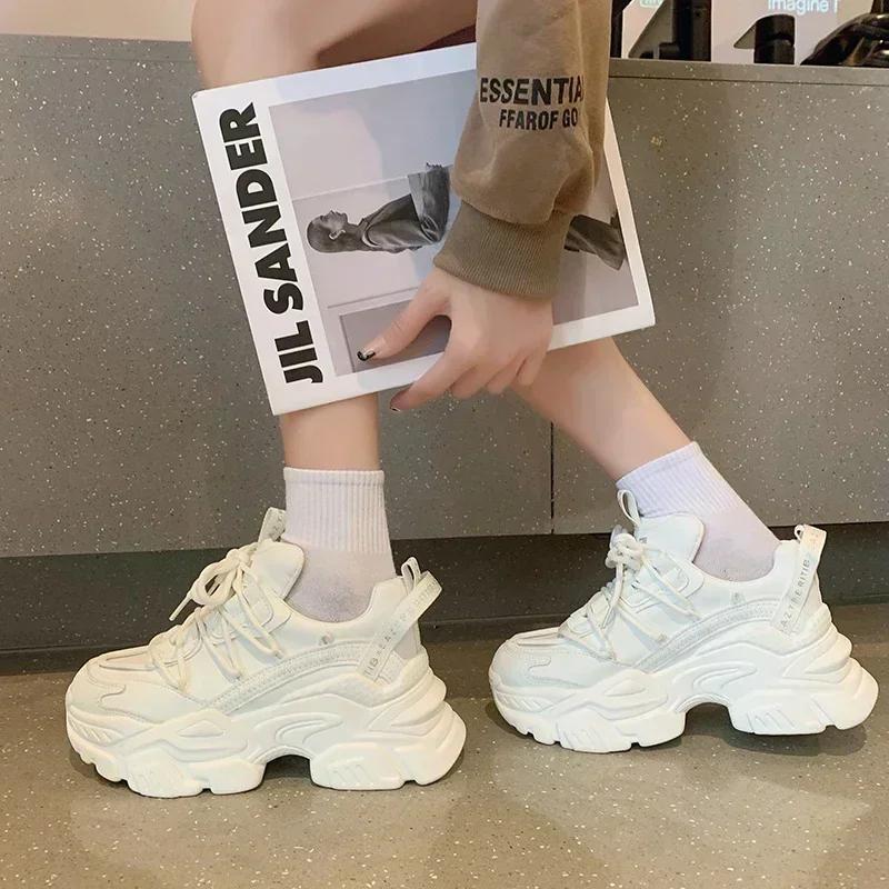 Fashion New Chunky Women's Sneakers Internal Increase Leather Casual White Ladies Shoes Trainer Platform Sneaker Womens Zapatillas Mujer