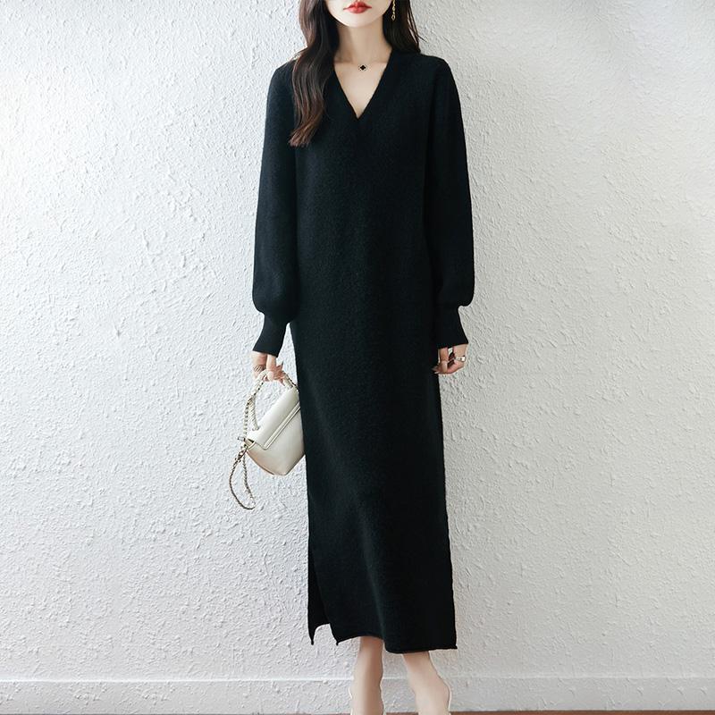 Women Sweater Dress 100% Wool MODERN NEW SAGA V-neck Knit Long Pullover Winter Jumpers Wool Long Dress Female