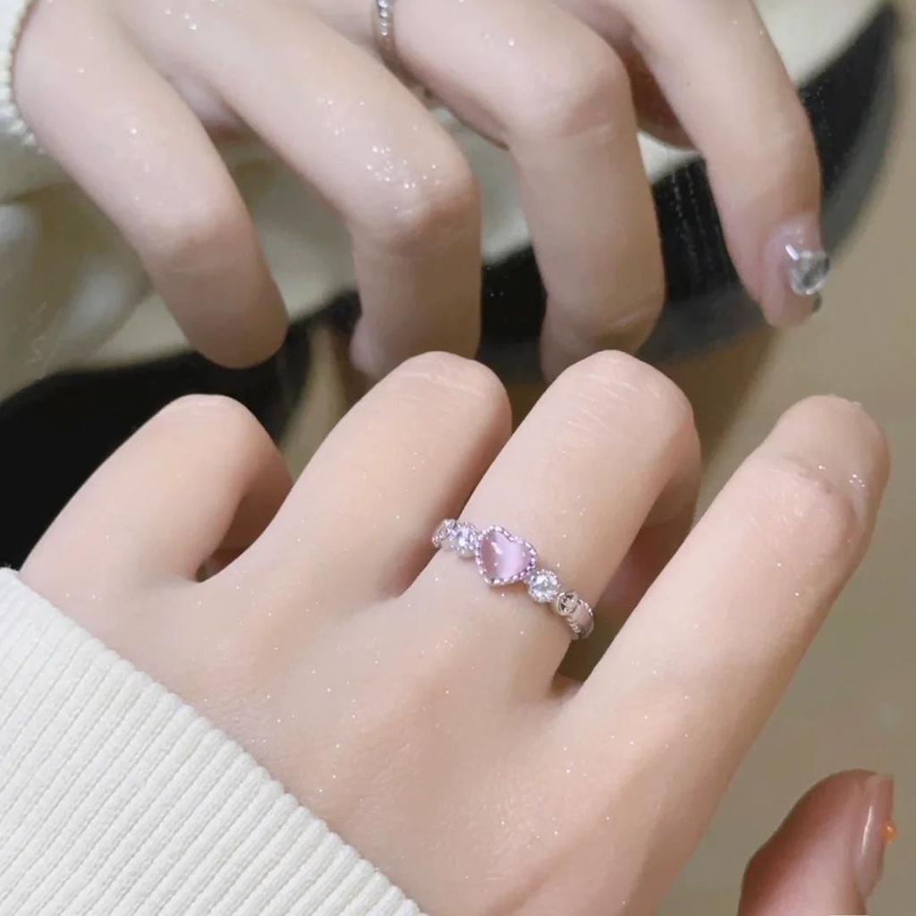 Pink love ring women's girly feeling sweet and cute niche design feeling heart shape adjustable opening ring
