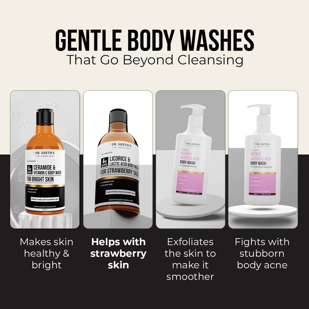 Dr. Sheths’ Licorice & Lactic Acid Body Wash 250ml Pack Gentle Exfoliating Shower Gel For Smooth Skin