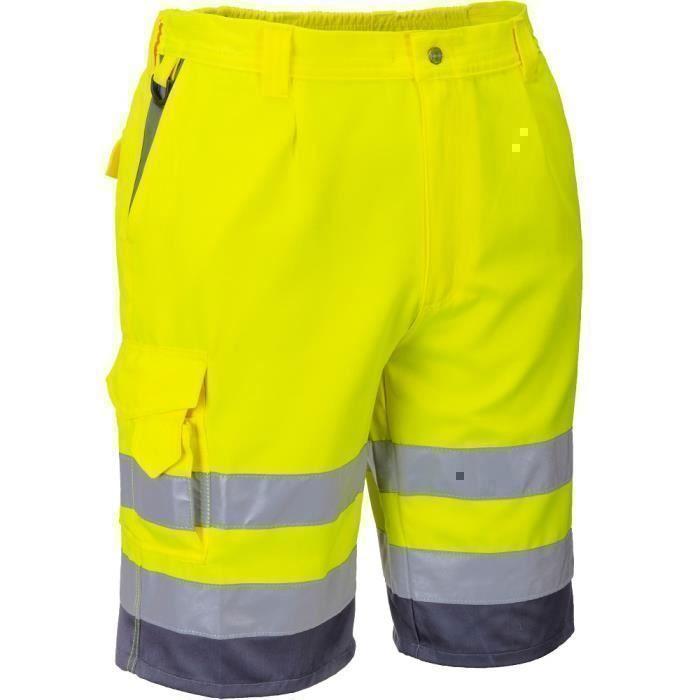 Short de travail - Haute visibilité - Jaune fluo/gris - Tissu polyester/coton - 7 poches - UPF 50+