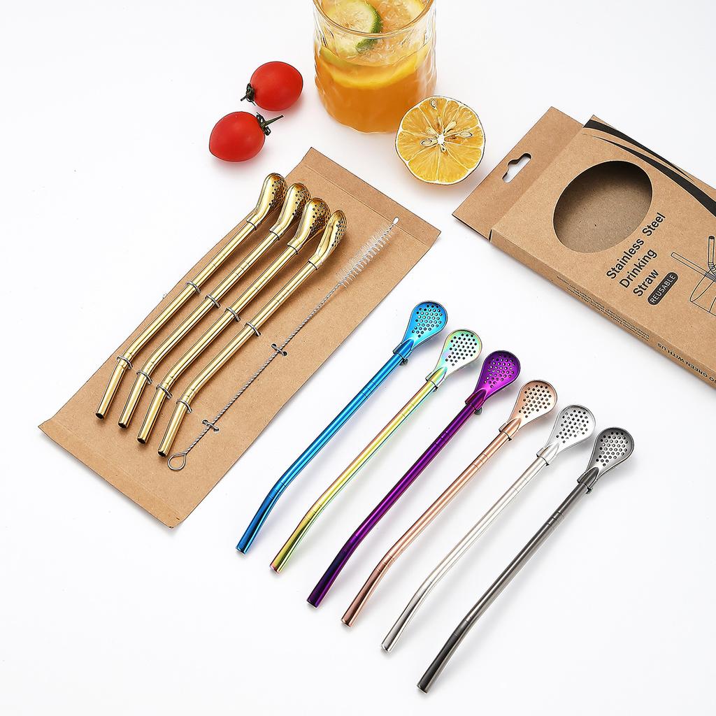 5 Pcs/set 304 Stainless Steel Tea Drinking Straws Spoon Yerba Mate Tea Filter Reusable Bombilla Gourd Tea Tools Bar Accessories