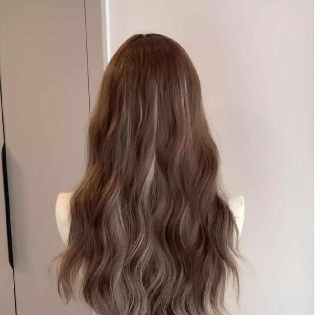 Grey gold highlights big wave long curly hair synthetic wig-Lolita long straight hair breathable chemical fiber headgear
