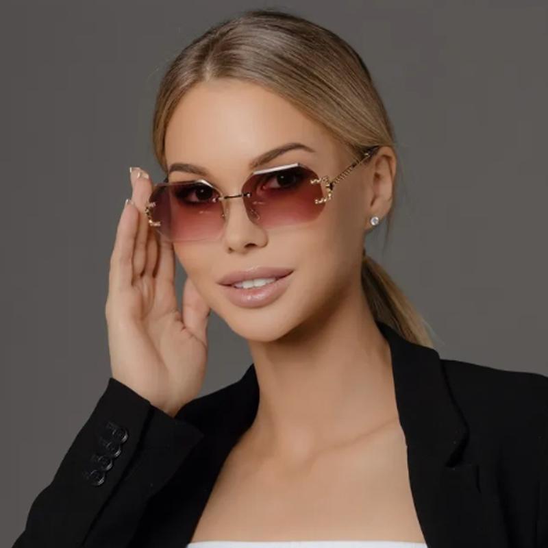 2pcs Fashion Women Rimless Polygon Sun Glasses Metal Frame Colorful  Cutting Lens Glasses Ladies Brand Designer Eyeglasses UV400