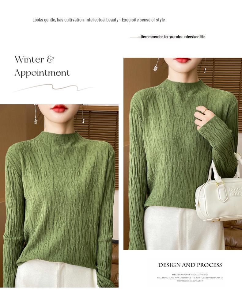 Niche Bark Texture Half-High Collar Sweater: Autumn/Winter Long Sleeve Temperament Knitwear for Women
